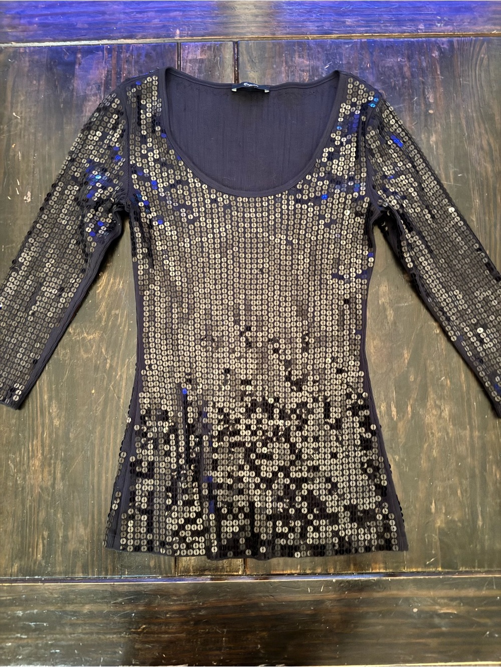 Express Black Sequin Scoop Neck Long Sleeve Top